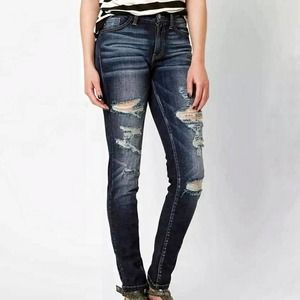 Kancan Mid Rise Skinny Stretch Jeans Distressed Ripped Dark Wash Size 27 Women's